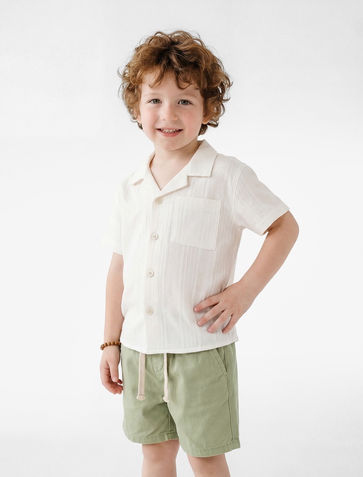 Erkek Bebek Pamuk ve Viskon Karışımlı Düğmeli Devrik Yaka Kısa Kollu Gömlek