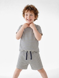 Beli Lastikli Pamuklu Çizgili Şort