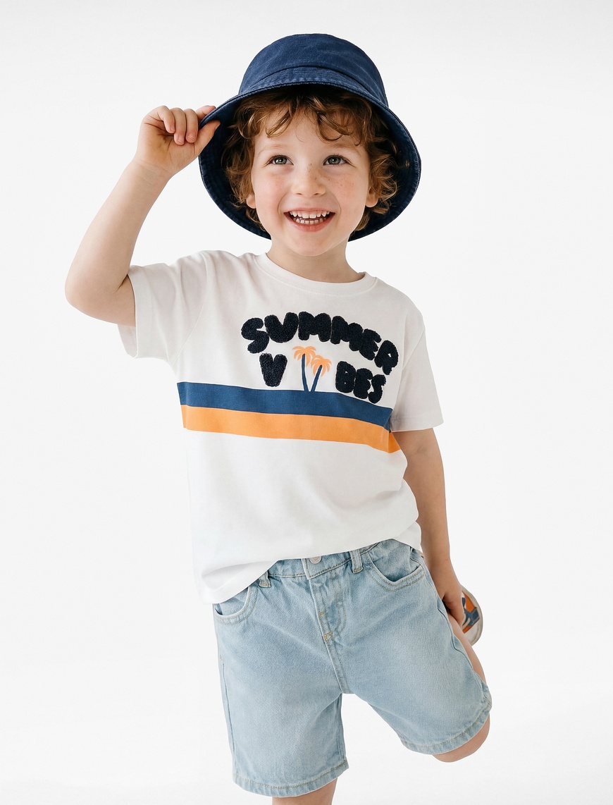 Koton Erkek Bebek Bisiklet Yaka Kısa Kollu Nakışlı Pamuklu T-Shirt