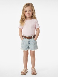 Fırfır Detaylı Kısa Kollu Bisiklet Yaka Pamuklu Tişört