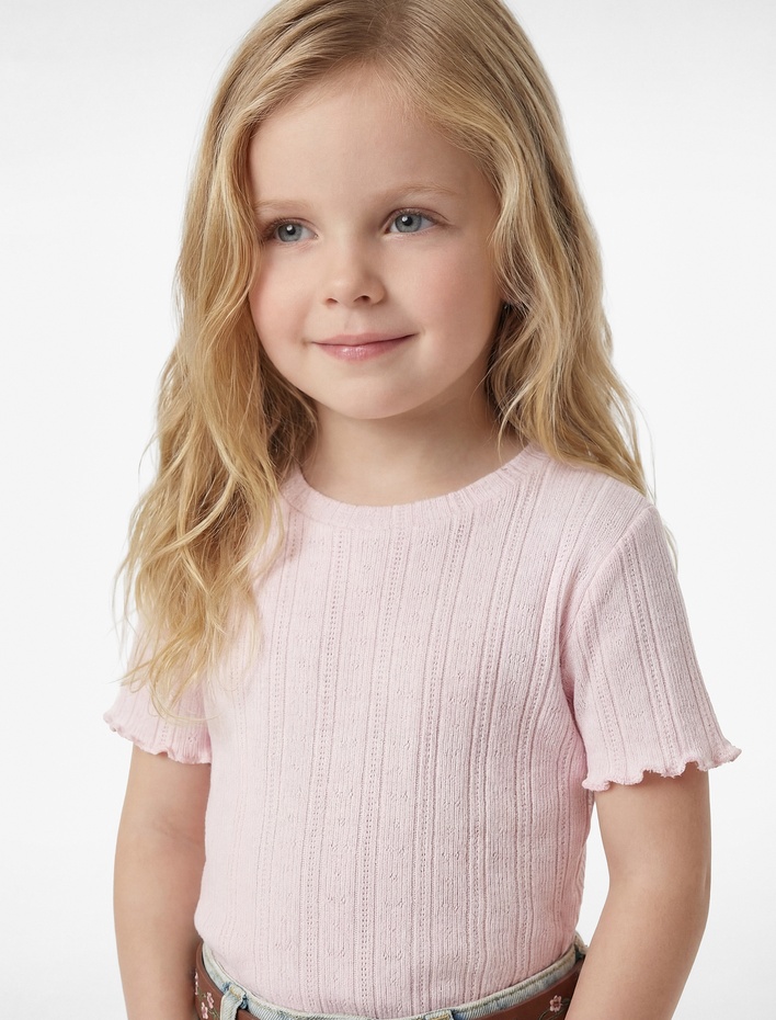 Kız Bebek Fırfır Detaylı Kısa Kollu Bisiklet Yaka Pamuklu Tişört