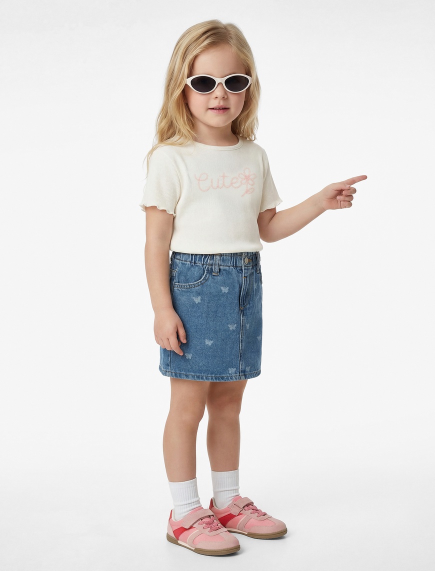 Koton Kız Bebek Kısa Kollu Bisiklet Yaka Nakış Detaylı Pamuklu T-Shirt