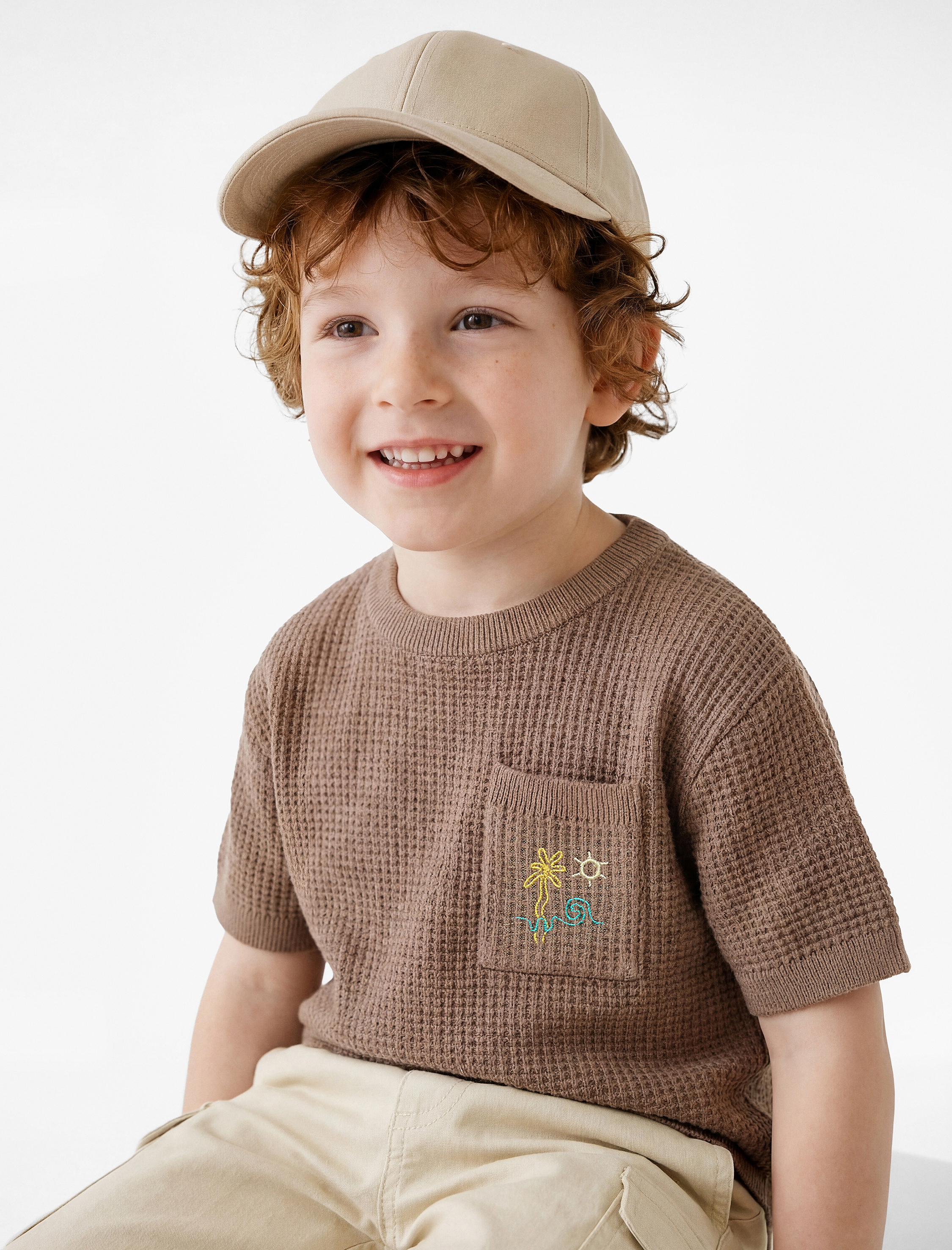  Erkek Bebek Kısa Kollu Bisiklet Yaka Viskon Cep Detaylı Nakışlı Triko Kazak