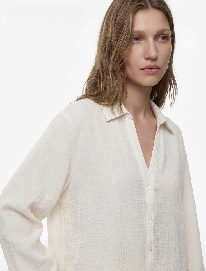  Pamuklu Geniş Uzun Kollu Düğmeli Müslin Gömlek