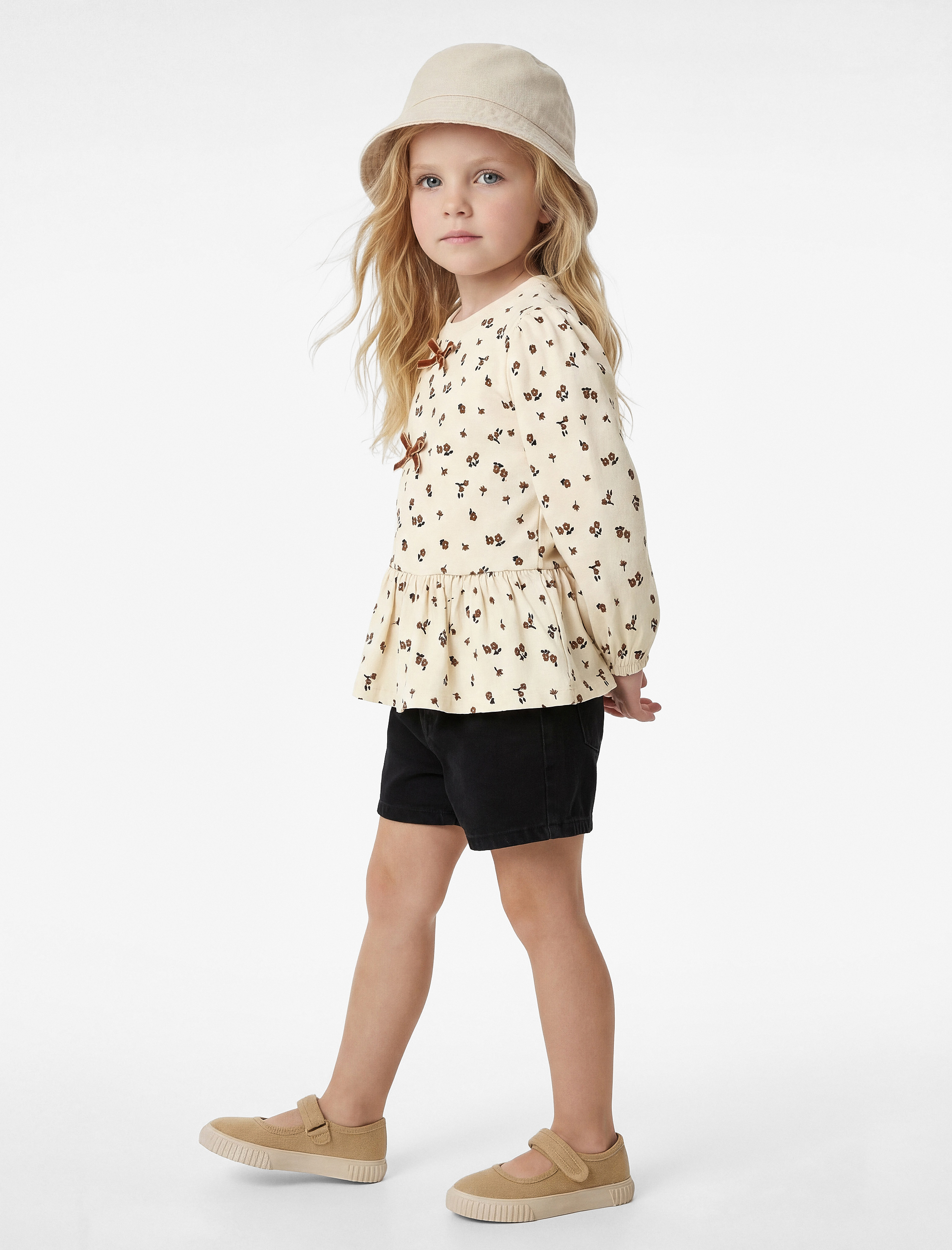  Kız Bebek Fiyonk Detaylı Pamuklu Uzun Kollu Bisiklet Yaka Çiçekli Tişört