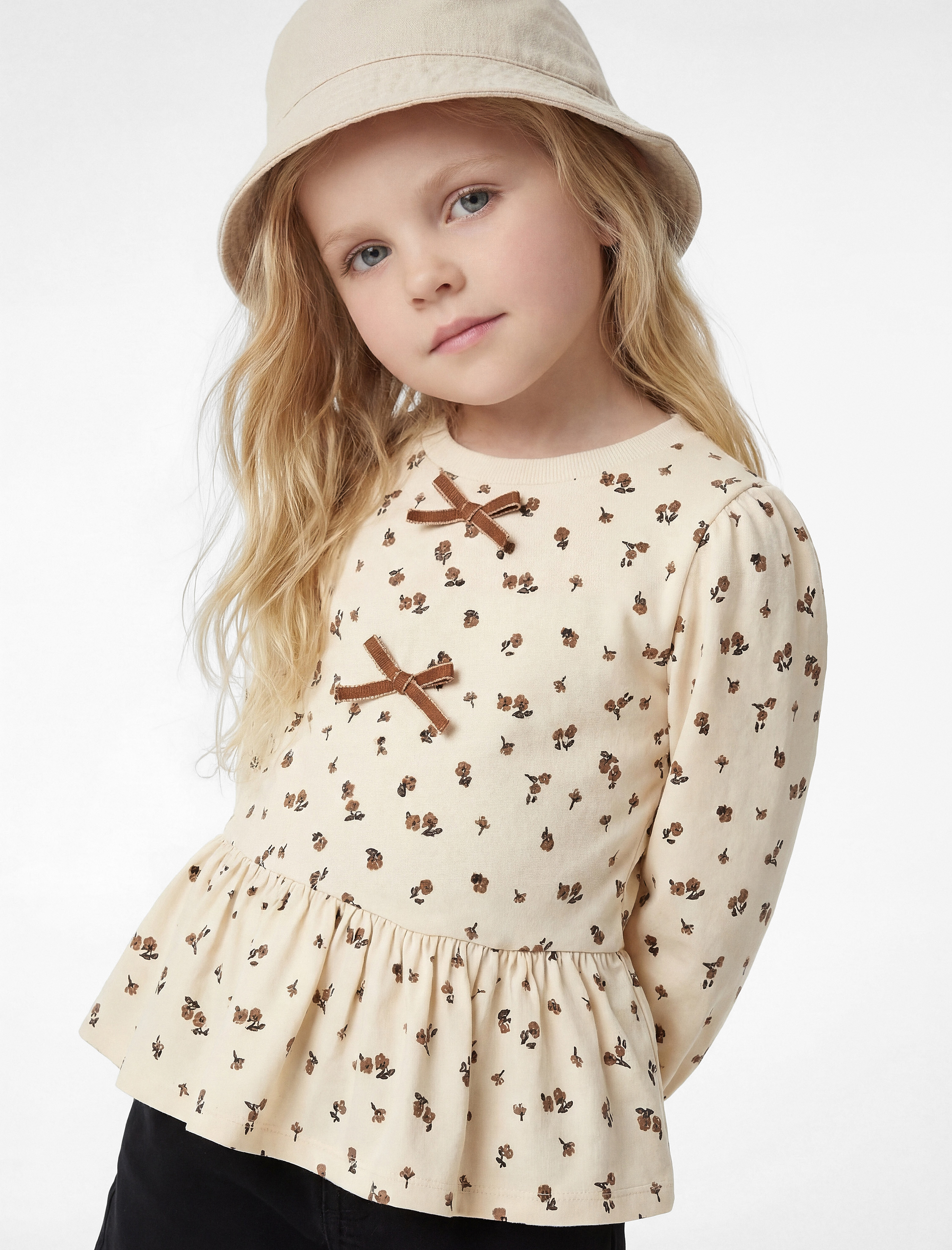  Kız Bebek Fiyonk Detaylı Pamuklu Uzun Kollu Bisiklet Yaka Çiçekli Tişört