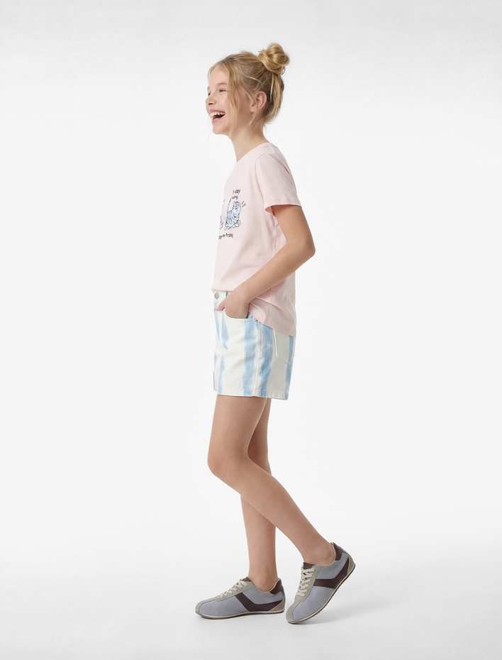 Kız Çocuk Kedi Baskılı Kısa Kollu Bisiklet Yaka Pamuklu Tişört