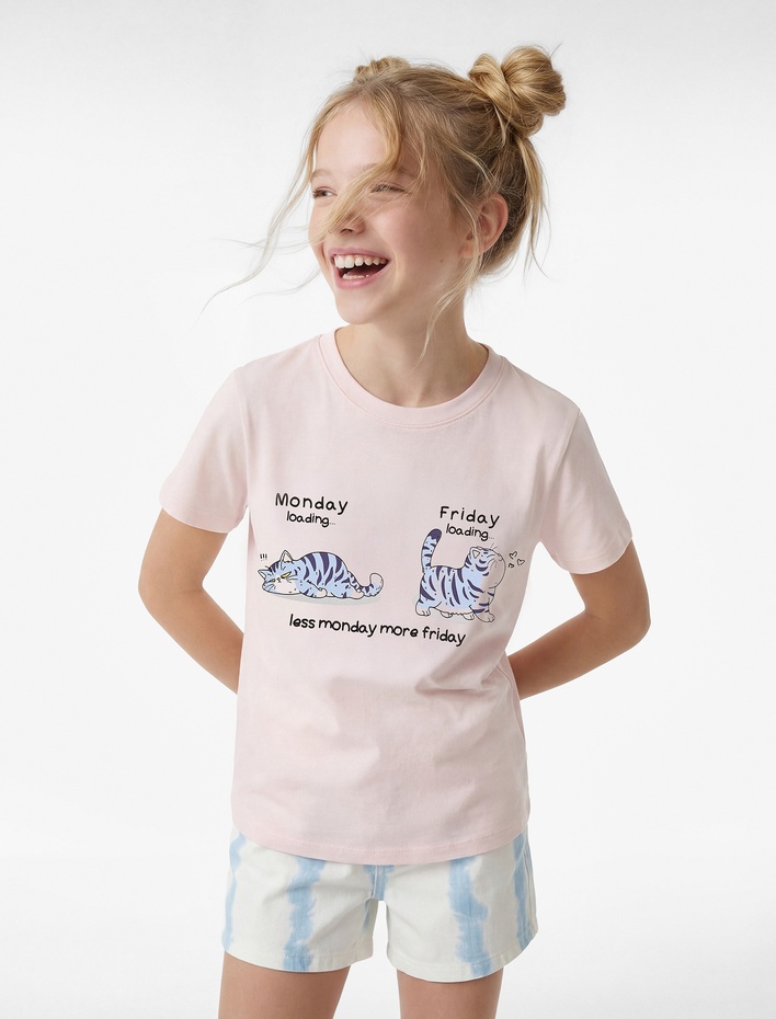 Kız Çocuk Kedi Baskılı Kısa Kollu Bisiklet Yaka Pamuklu Tişört