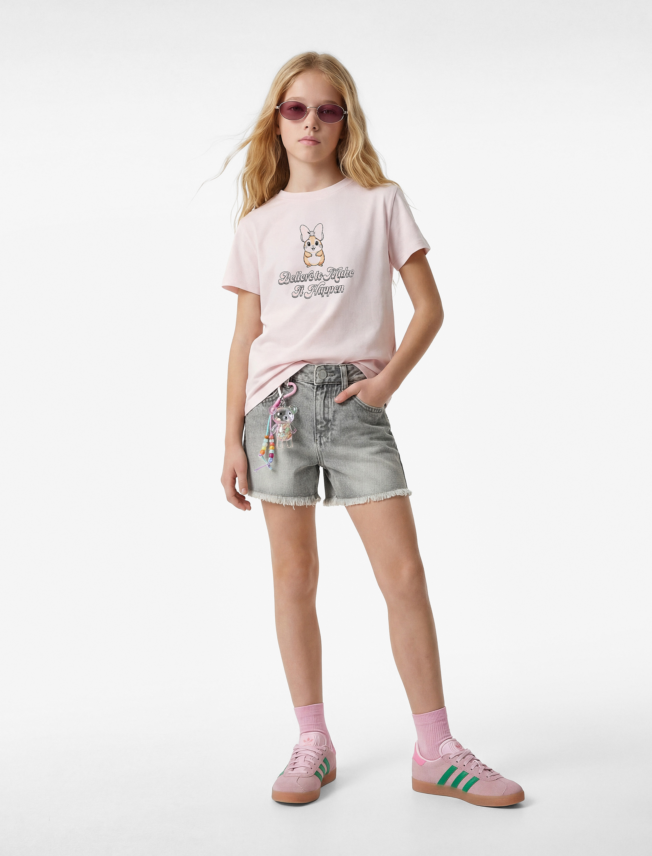  Kız Çocuk Pamuklu Baskılı Kısa Kollu Bisiklet Yaka Tişört