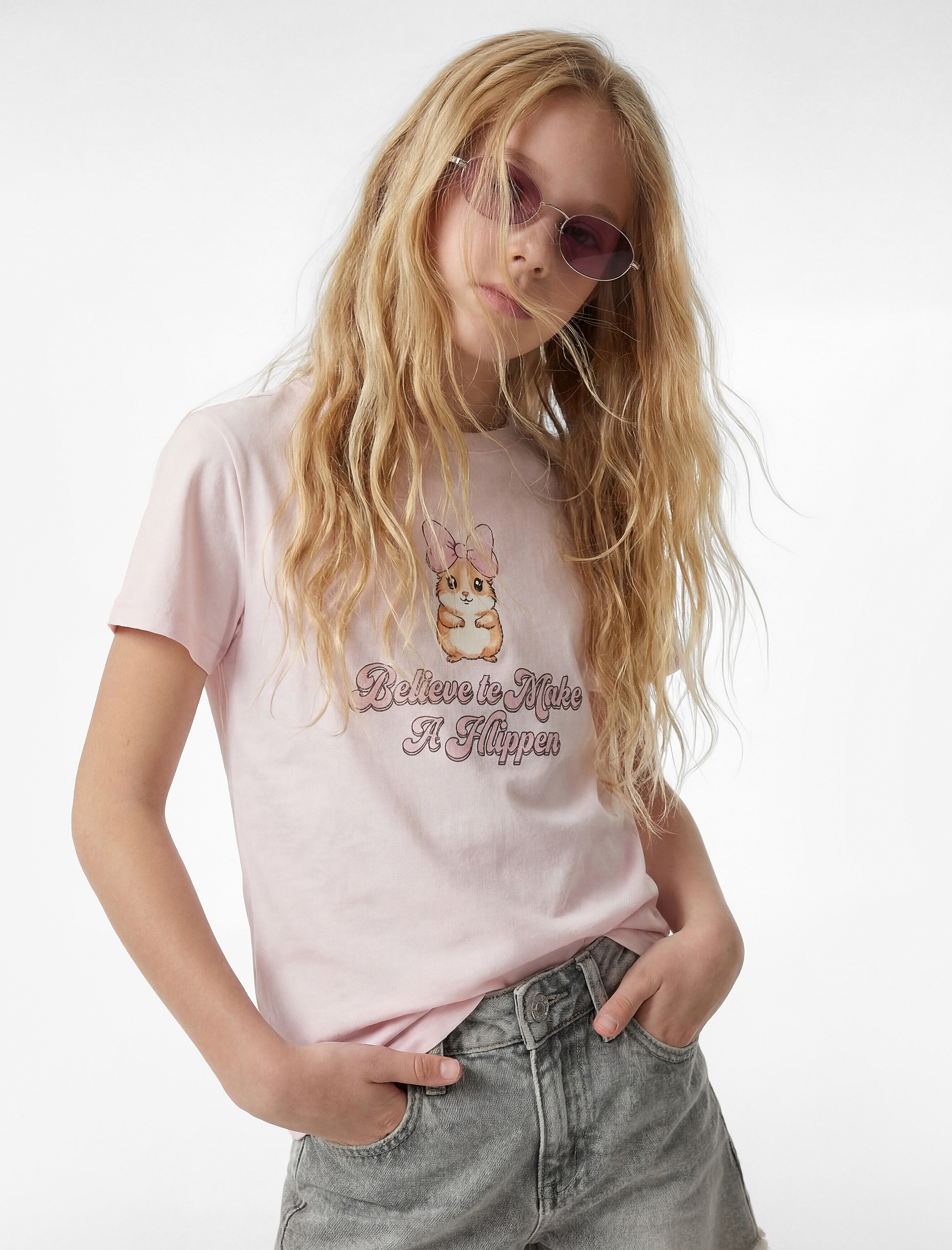  Kız Çocuk Pamuklu Baskılı Kısa Kollu Bisiklet Yaka Tişört