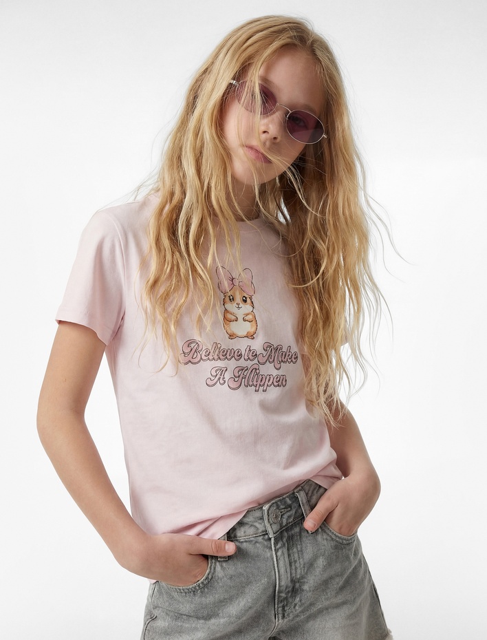 Kız Çocuk Pamuklu Baskılı Kısa Kollu Bisiklet Yaka Tişört