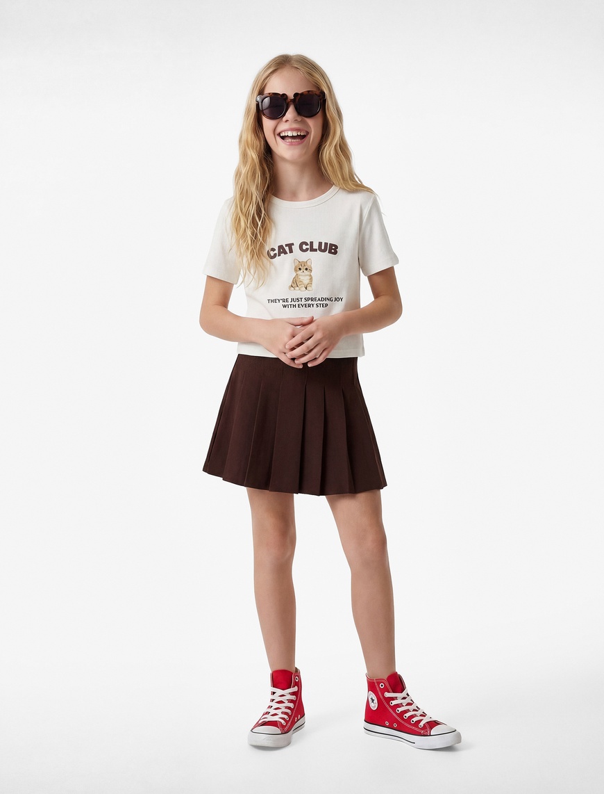 Koton Pamuklu Bisiklet Yaka Kısa Kollu Kedi Baskılı Crop T-Shirt