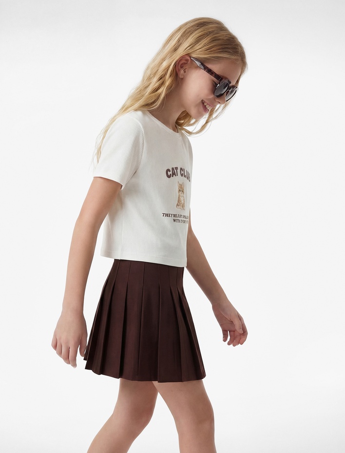 Kız Çocuk Pamuklu Bisiklet Yaka Kısa Kollu Kedi Baskılı Crop Tişört