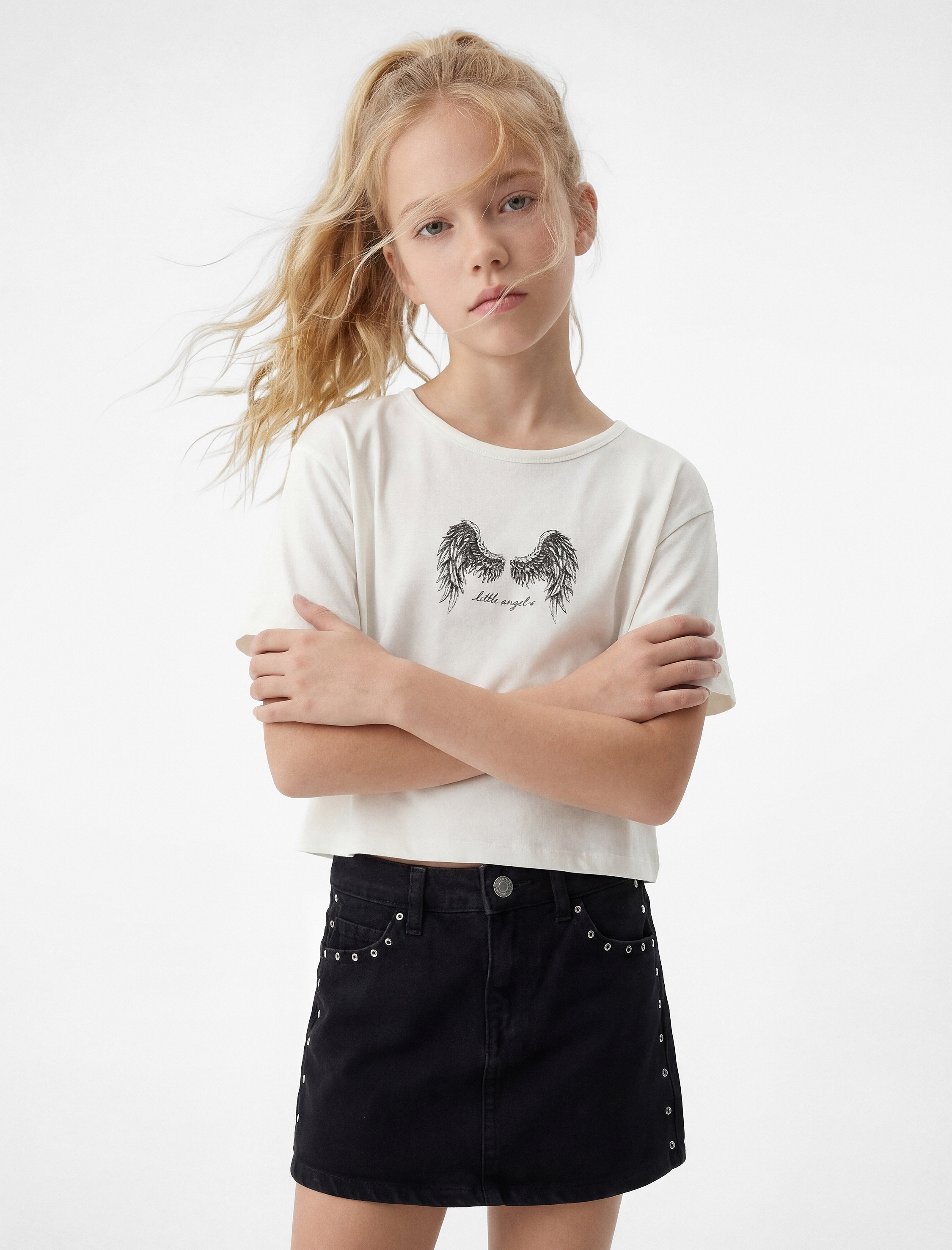  Kız Çocuk Baskılı Kısa Kollu Bisiklet Yaka Pamuklu Crop Tişört