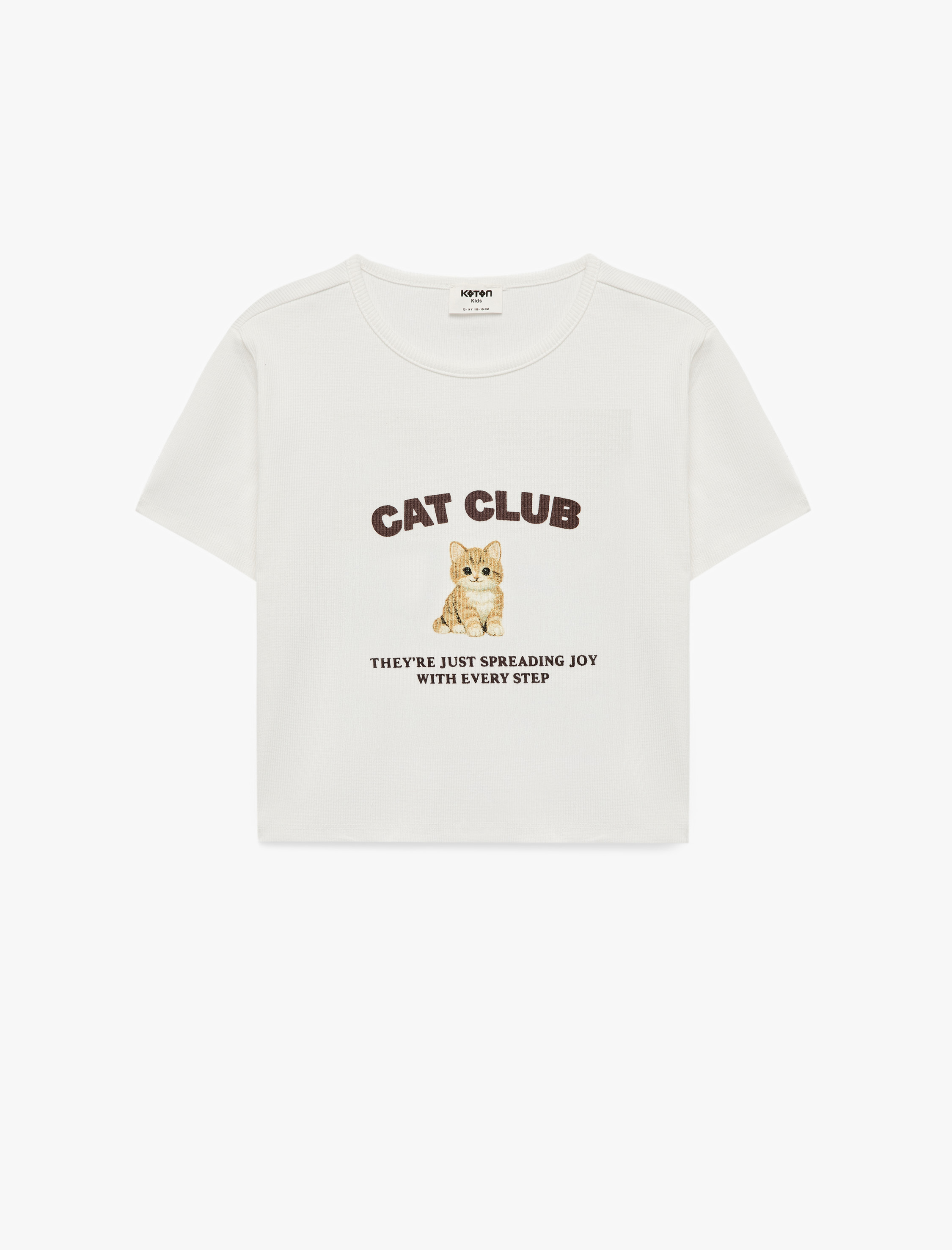  Kız Çocuk Pamuklu Bisiklet Yaka Kısa Kollu Kedi Baskılı Crop Tişört