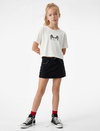 Baskılı Kısa Kollu Bisiklet Yaka Pamuklu Crop Tişört