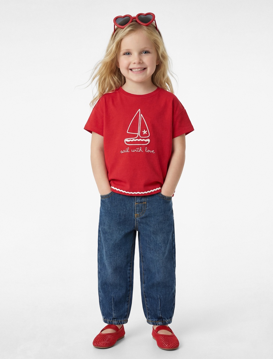 Koton Kız Bebek Baskılı Kısa Kollu Bisiklet Yaka Pamuklu T-Shirt