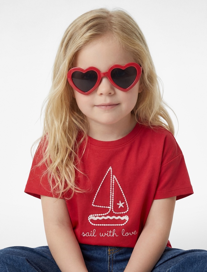 Kız Bebek Baskılı Kısa Kollu Bisiklet Yaka Pamuklu Tişört