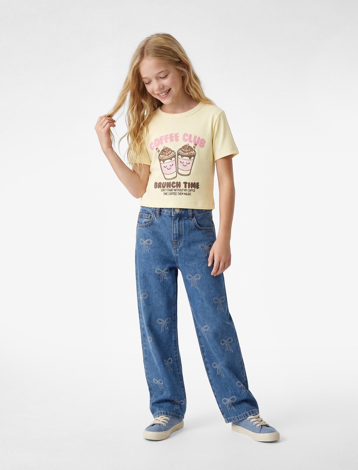 Kız Çocuk Pamuklu Kısa Kollu Bisiklet Yaka Baskılı Tişört