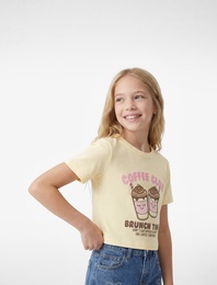 Pamuklu Kısa Kollu Bisiklet Yaka Baskılı Tişört