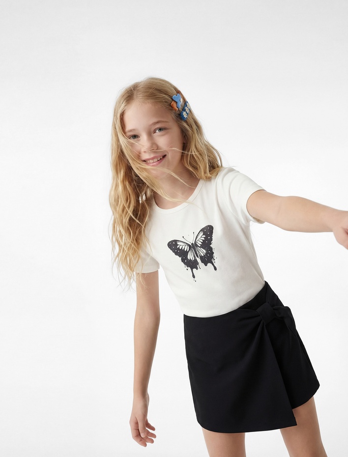 Kız Çocuk Kelebek Baskılı Kısa Kollu Bisiklet Yaka Pamuklu Tişört