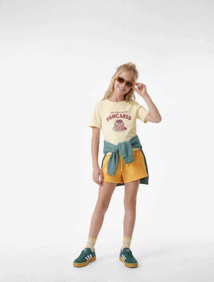 Kız Çocuk Baskılı Kısa Kollu Bisiklet Yaka Pamuklu Tişört