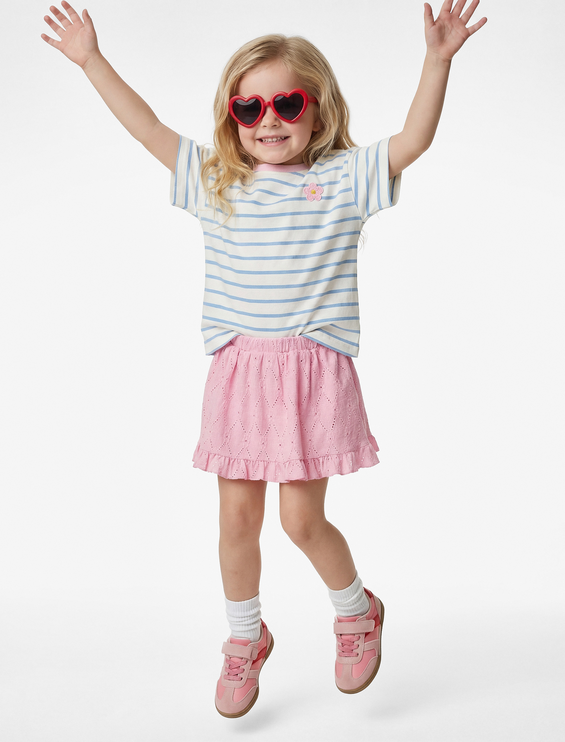  Kız Bebek Nakış Detaylı Bisiklet Yaka Kısa Kollu Pamuklu Çizgili Tişört