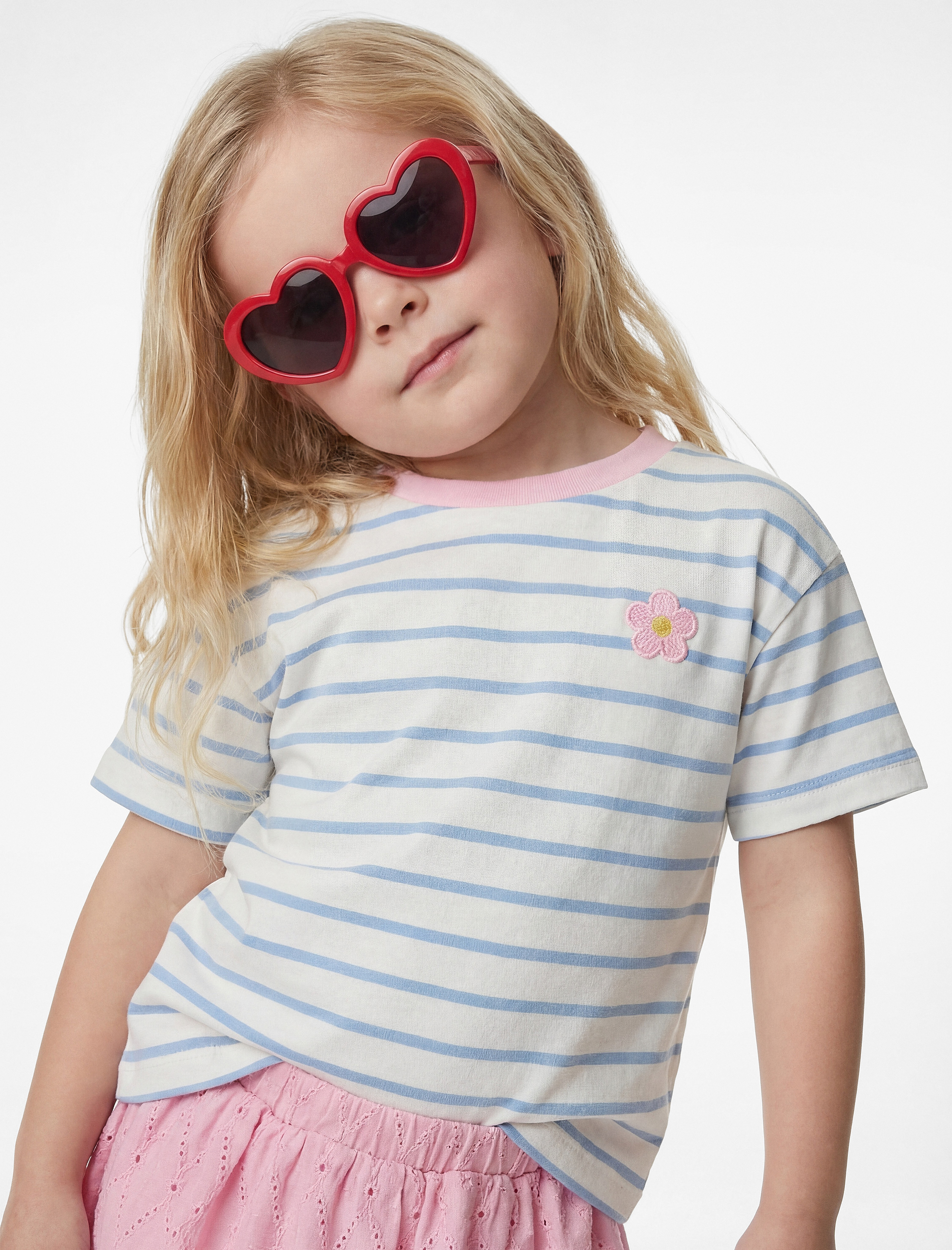  Kız Bebek Nakış Detaylı Bisiklet Yaka Kısa Kollu Pamuklu Çizgili Tişört