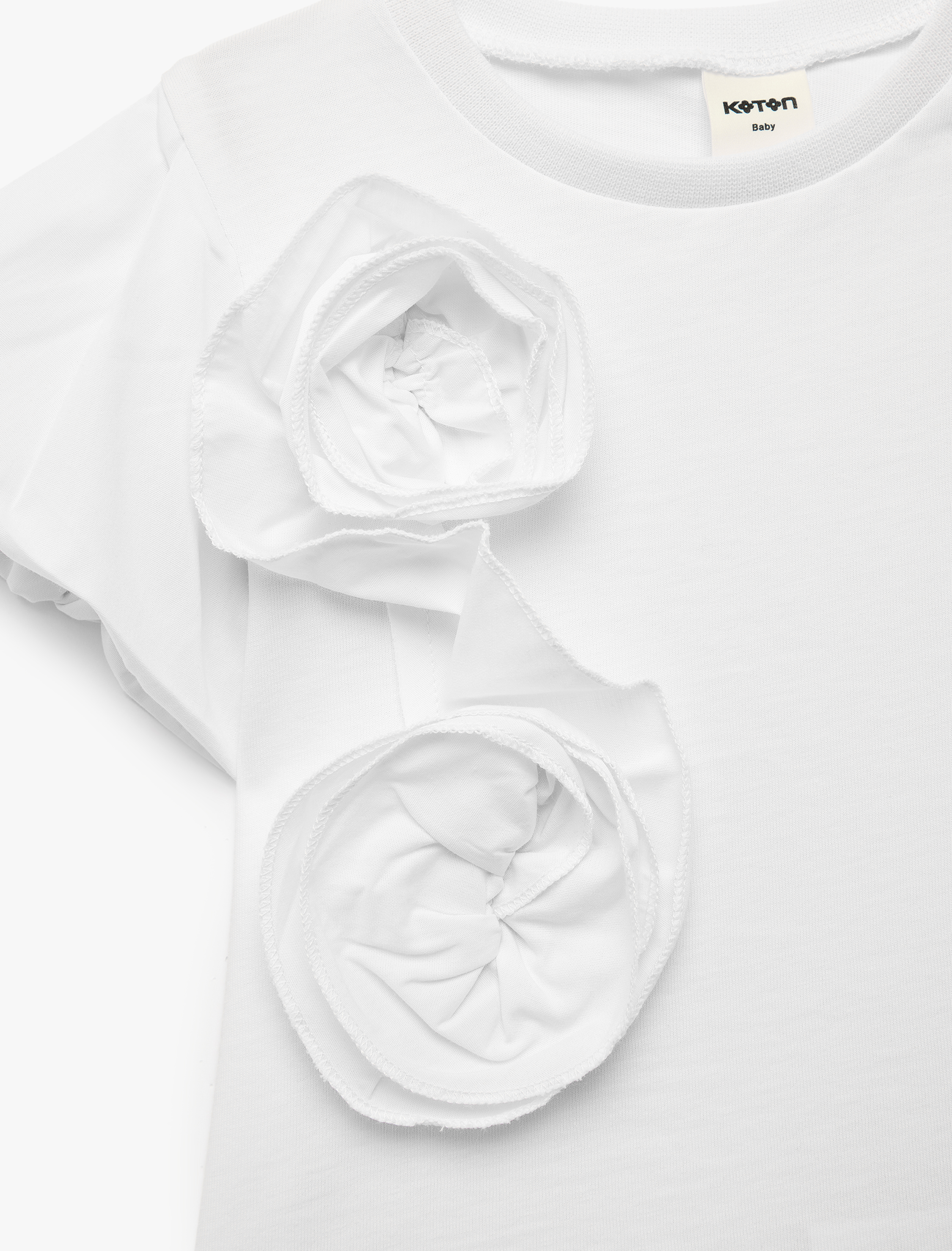  Kız Bebek Balon Kollu Çiçek Detaylı Kısa Kollu Pamuklu Tişört