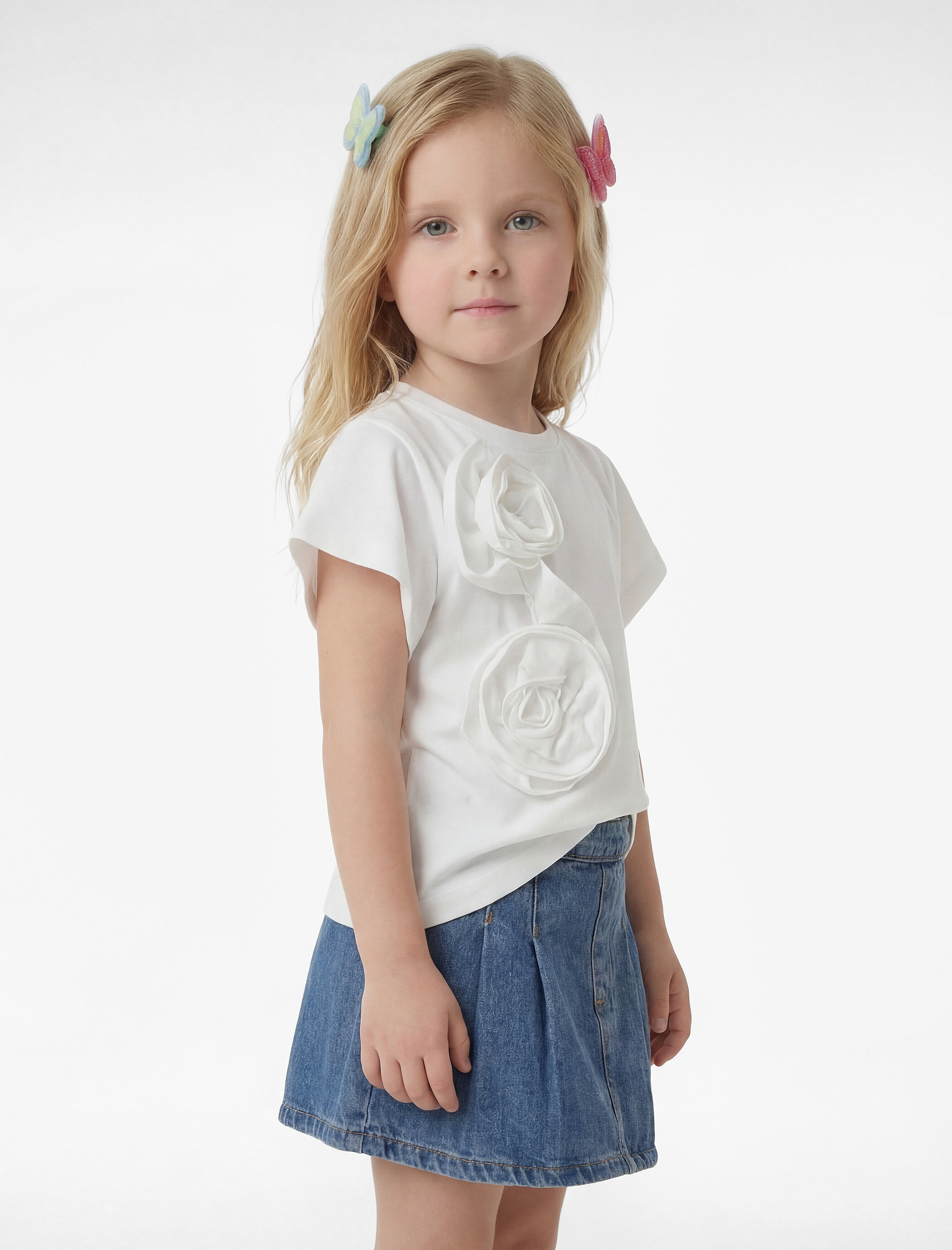 Kız Bebek Balon Kollu Çiçek Detaylı Kısa Kollu Pamuklu Tişört
