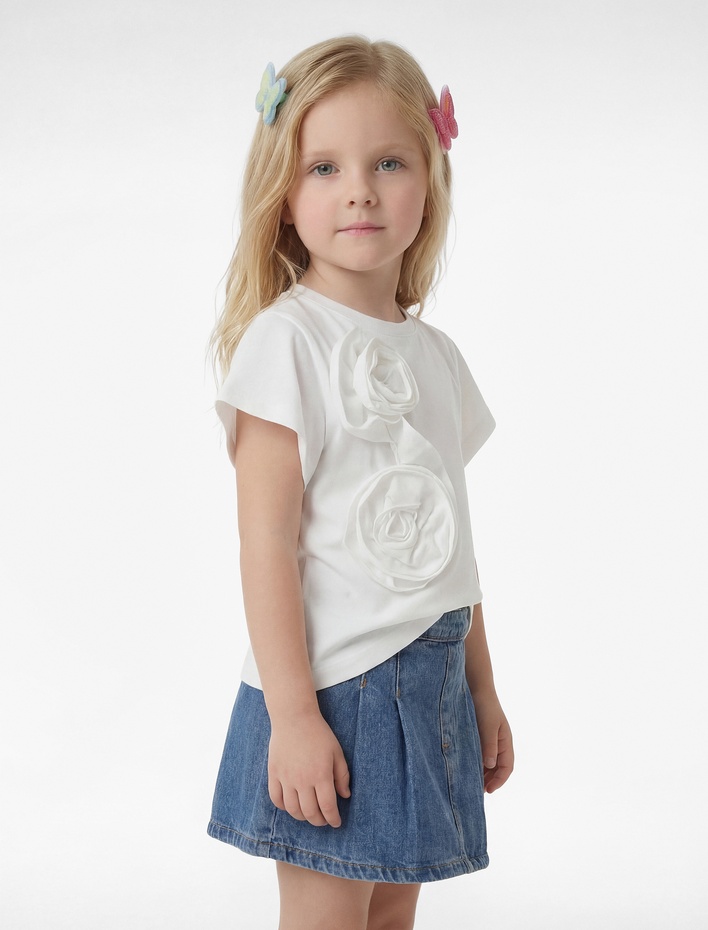 Kız Bebek Balon Kollu Çiçek Detaylı Kısa Kollu Pamuklu Tişört