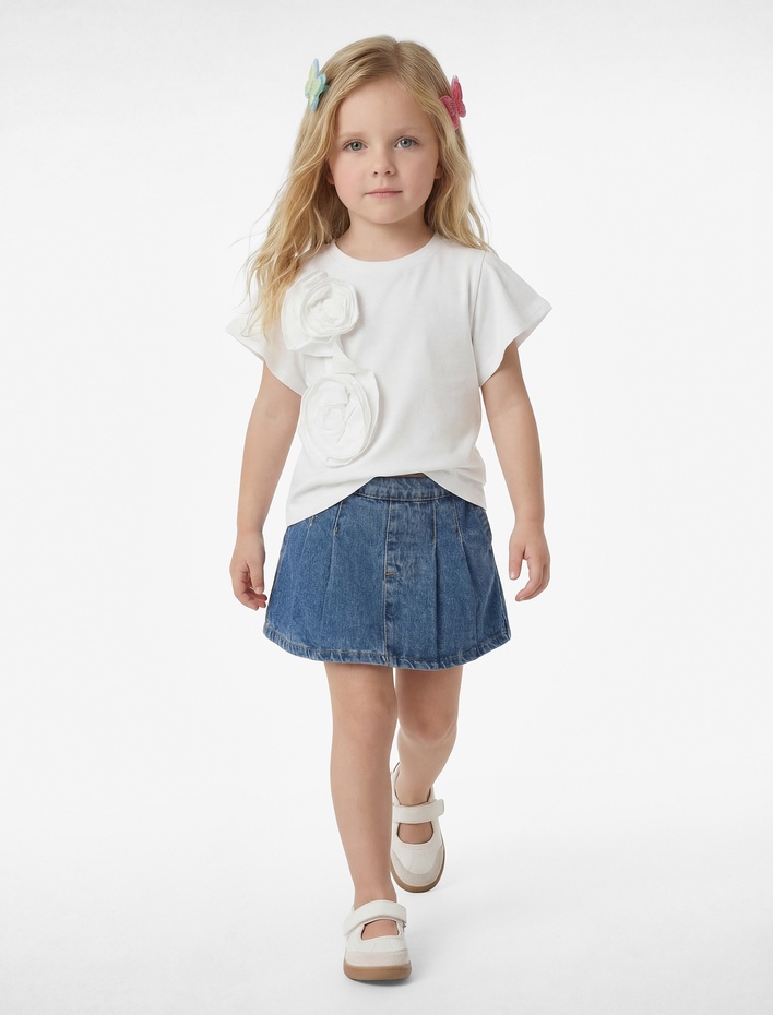 Kız Bebek Balon Kollu Çiçek Detaylı Kısa Kollu Pamuklu Tişört