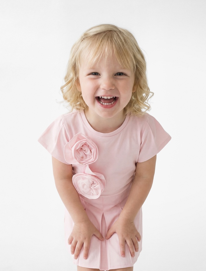 Kız Bebek Balon Kollu Çiçek Detaylı Kısa Kollu Pamuklu Tişört