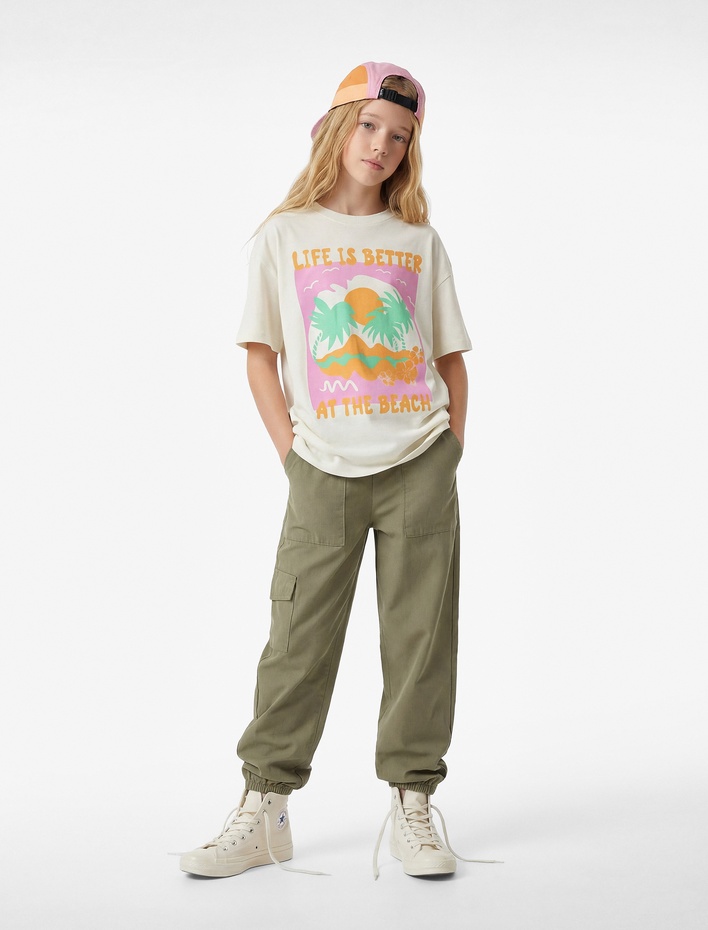 Kız Çocuk Baskılı Kısa Kollu Bisiklet Yaka Pamuklu Tişört