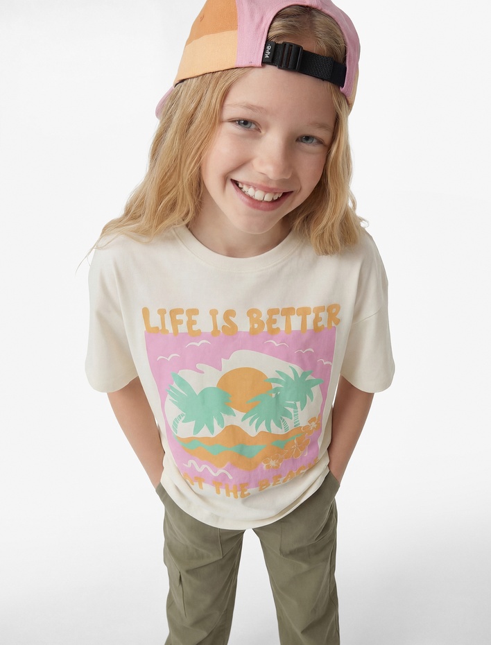 Kız Çocuk Baskılı Kısa Kollu Bisiklet Yaka Pamuklu Tişört