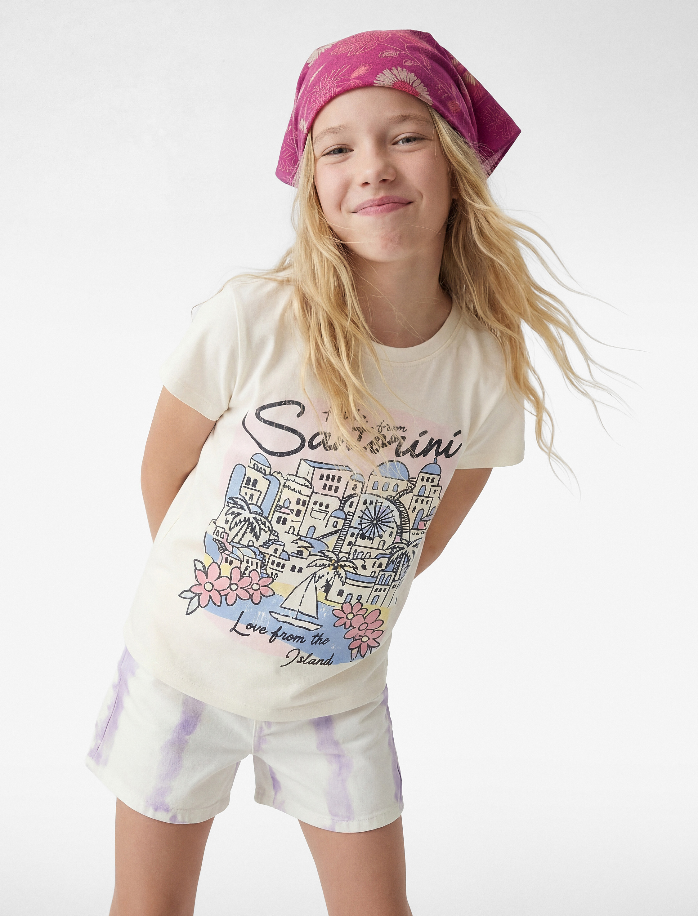  Kız Çocuk Pamuklu Bisiklet Yaka Kısa Kollu Baskılı Tişört