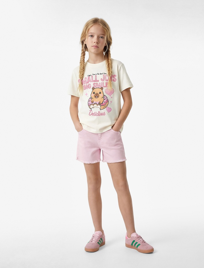 Kız Çocuk Baskılı Kısa Kollu Bisiklet Yaka Pamuklu Tişört