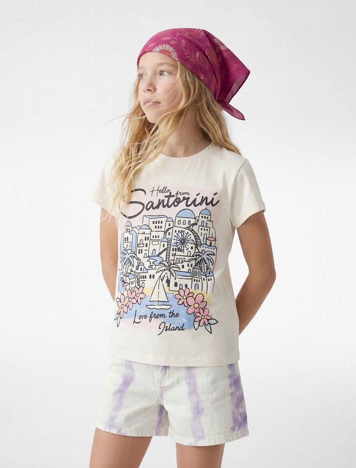 Kız Çocuk Pamuklu Bisiklet Yaka Kısa Kollu Baskılı Tişört