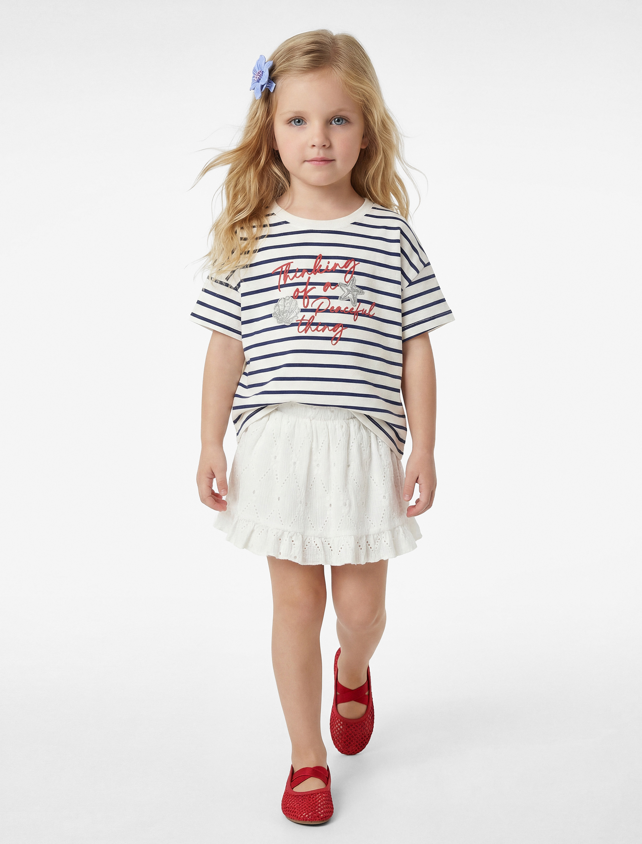  Kız Bebek Pamuklu Kısa Kollu Bisiklet Yaka Baskılı Çizgili Tişört