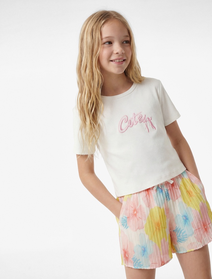 Kız Çocuk Kısa Kollu Bisiklet Yaka Pamuklu Baskılı Tişört