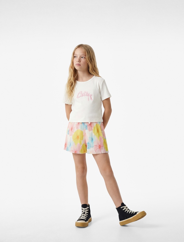 Kız Çocuk Kısa Kollu Bisiklet Yaka Pamuklu Baskılı Tişört