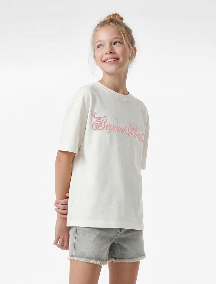 Kız Çocuk Kısa Kollu Sim Detaylı Bisiklet Yaka Pamuklu Arkası Baskılı Tişört