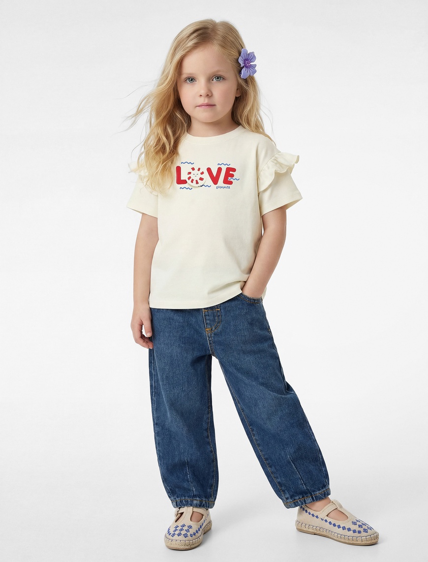 Koton Kız Bebek Kısa Kollu Fırfırlı Bisiklet Yaka Pamuklu Aplike Detaylı Baskılı T-Shirt