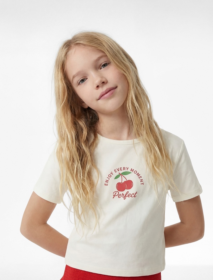 Kız Çocuk Kısa Kollu Slim Fit Bisiklet Yaka Pamuklu Baskılı Crop Tişört