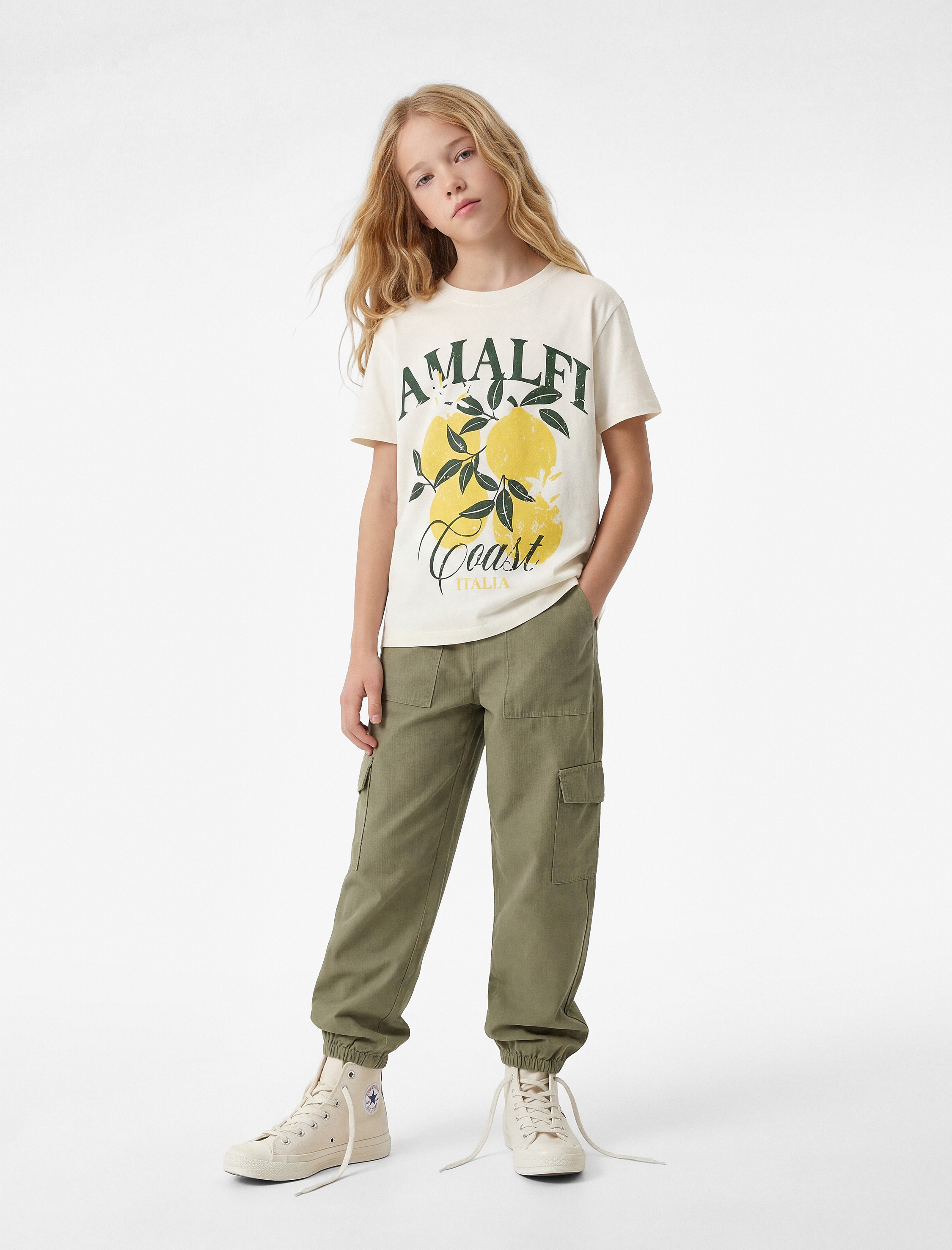  Kız Çocuk Pamuklu Kısa Kollu Bisiklet Yaka Limon Baskılı Tişört