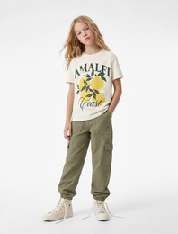 Pamuklu Kısa Kollu Bisiklet Yaka Limon Baskılı Tişört