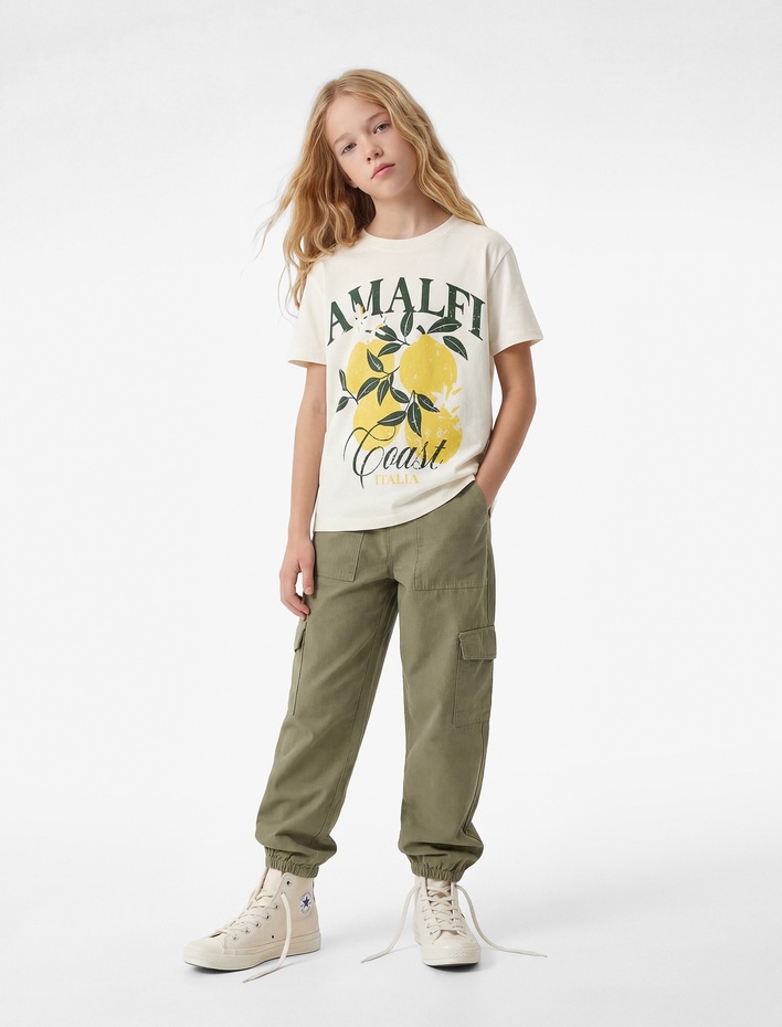 Kız Çocuk Pamuklu Kısa Kollu Bisiklet Yaka Limon Baskılı Tişört