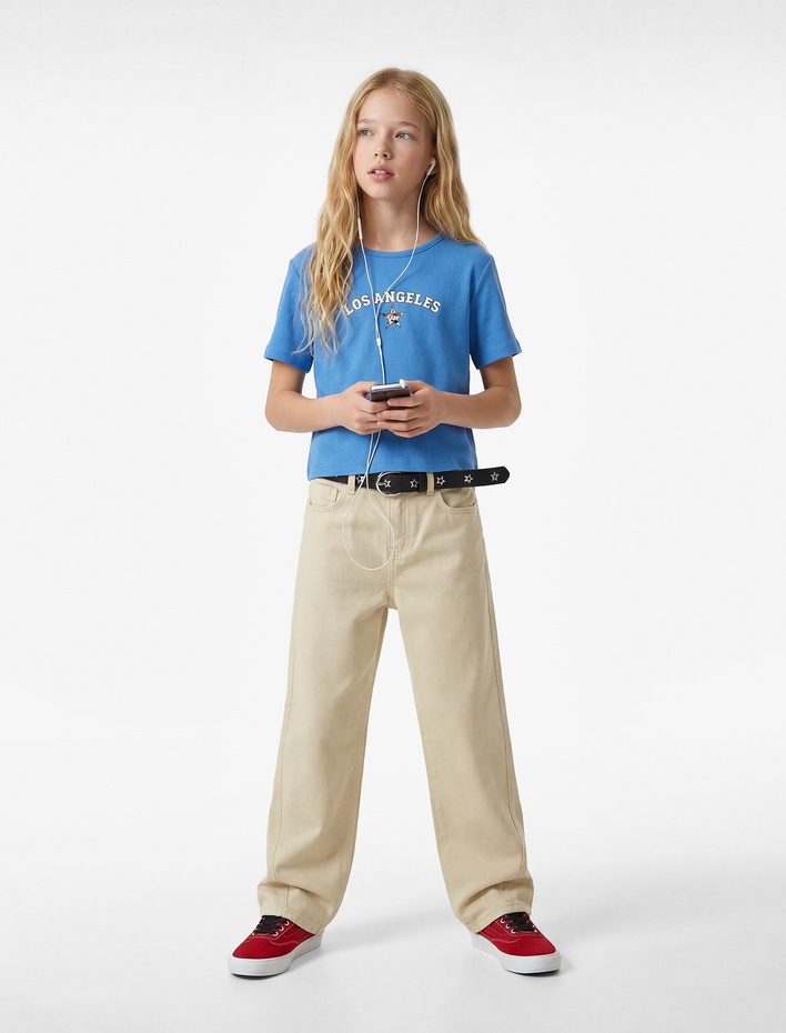 Kız Çocuk Bisiklet Yaka Kısa Kollu Pamuklu Crop Tişört