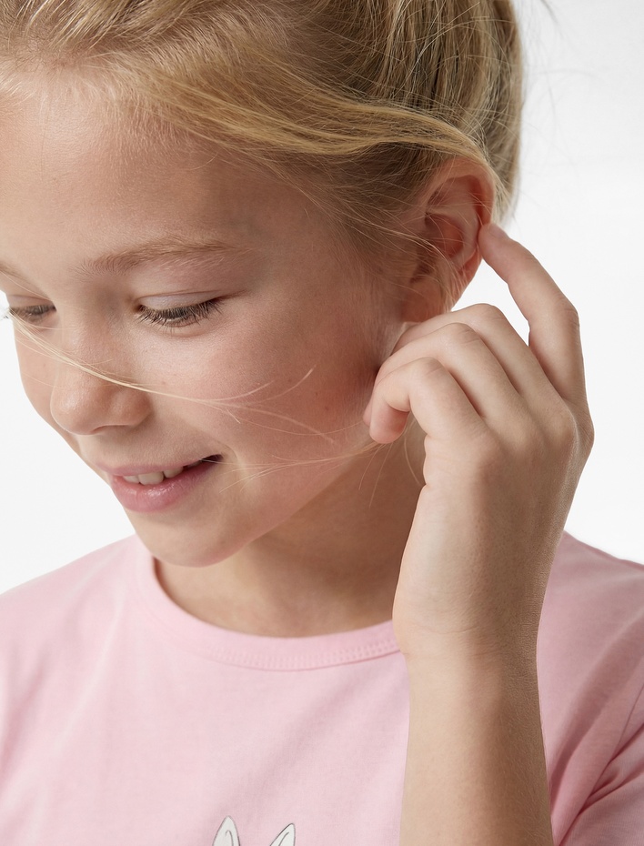 Kız Çocuk Pamuklu Kısa Kollu Bisiklet Yaka Tavşan Baskılı Crop Tişört