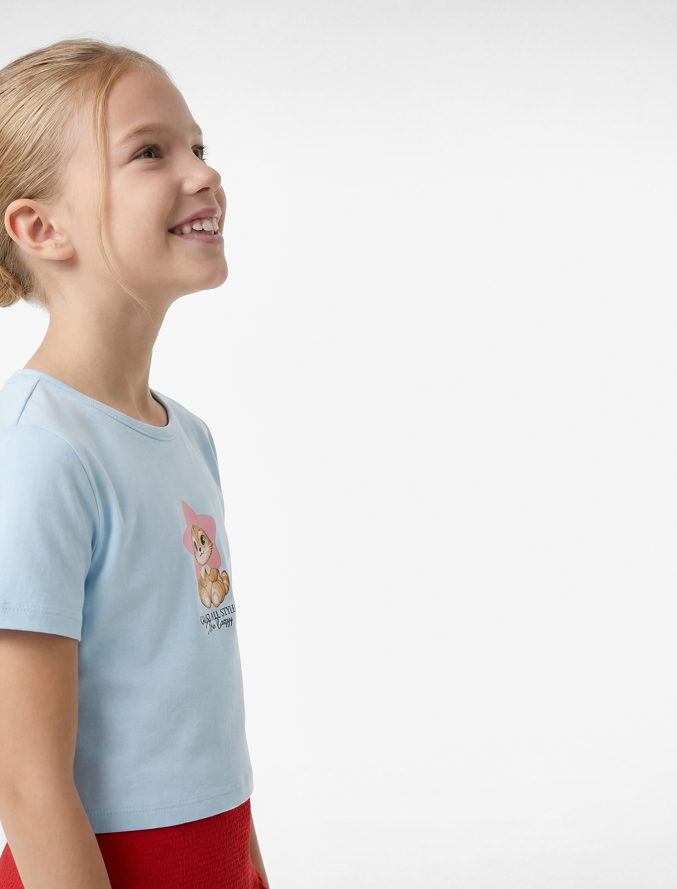  Kız Çocuk Pamuklu Kısa Kollu Bisiklet Yaka Baskılı Crop Tişört